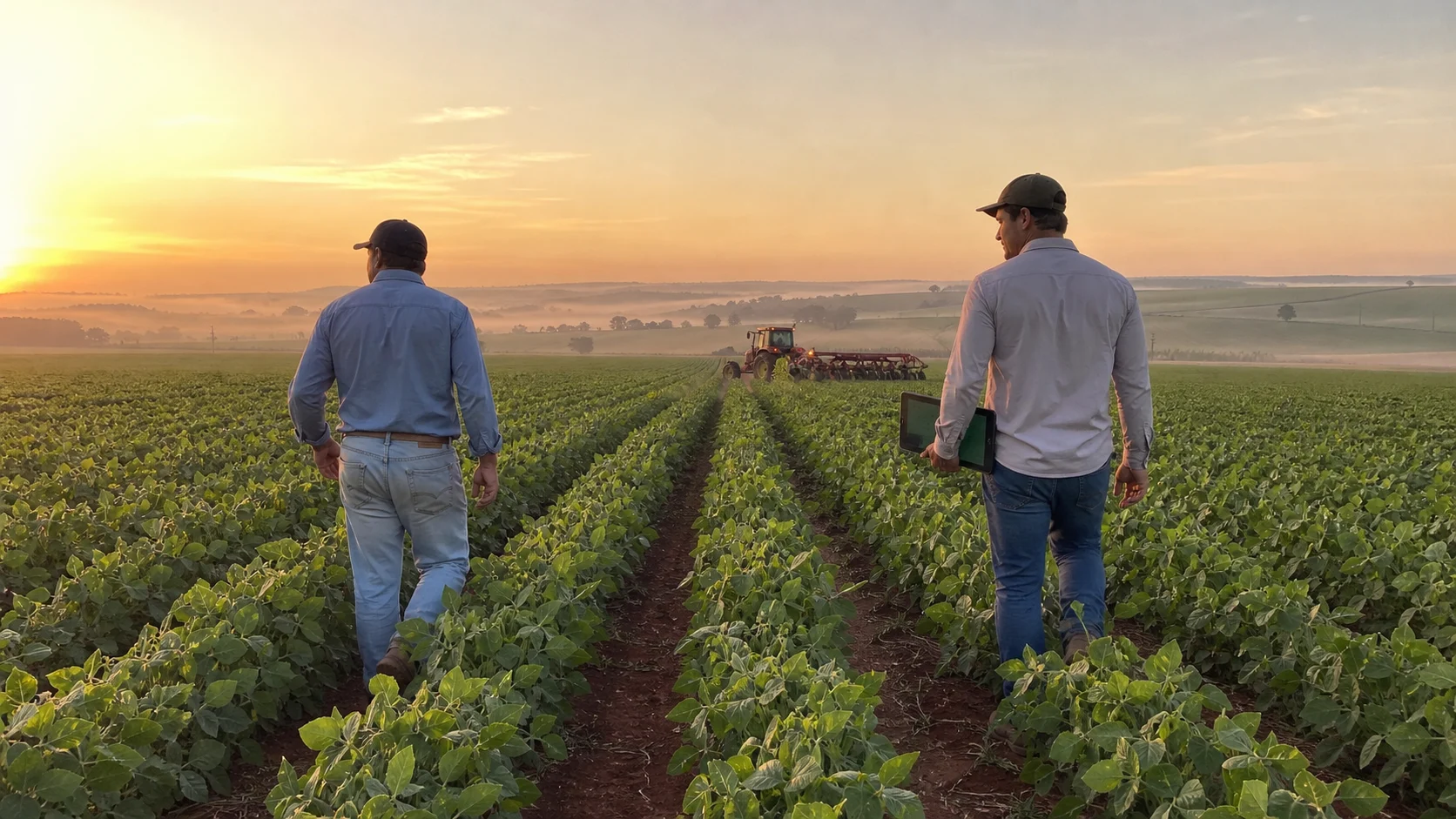 Equipe rural conversa ao lado de uma lavoura em Mato Grosso