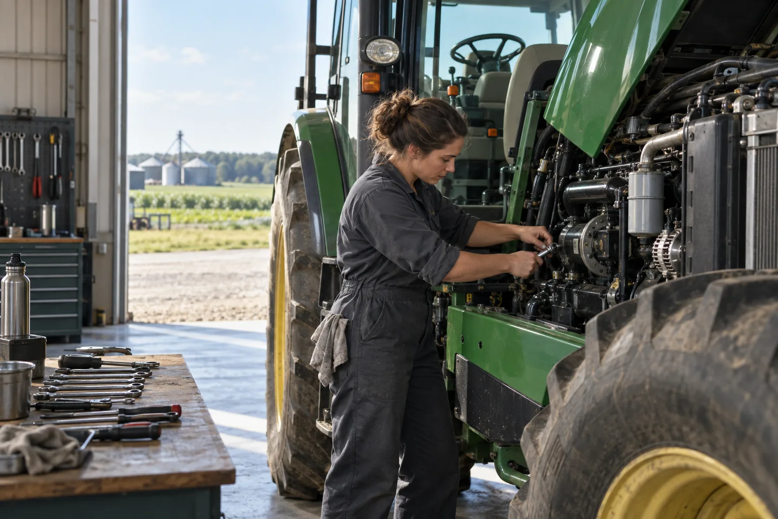 Mecânico realiza manutenção preventiva em trator agrícola na oficina da fazenda
