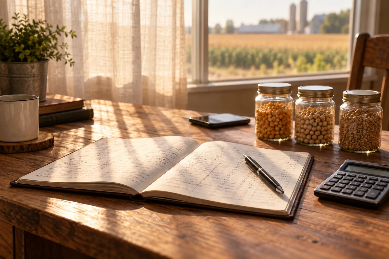 Caderno de contas, calculadora e amostras de grãos sobre mesa de escritório rural