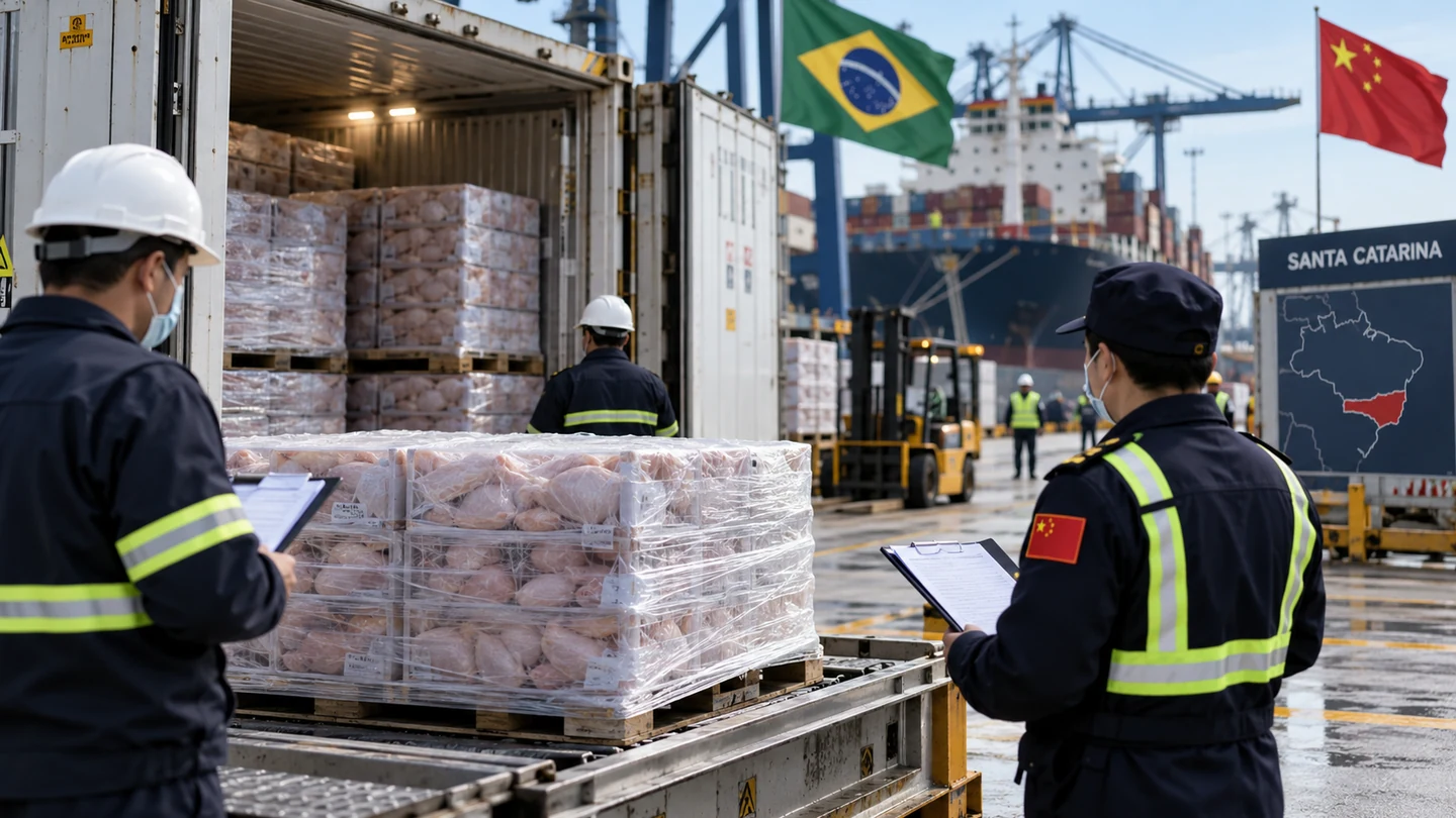 Imagem editorial representando: Após confirmação de Newcastle, China decide suspender importações de frango apenas de Santa Catarina