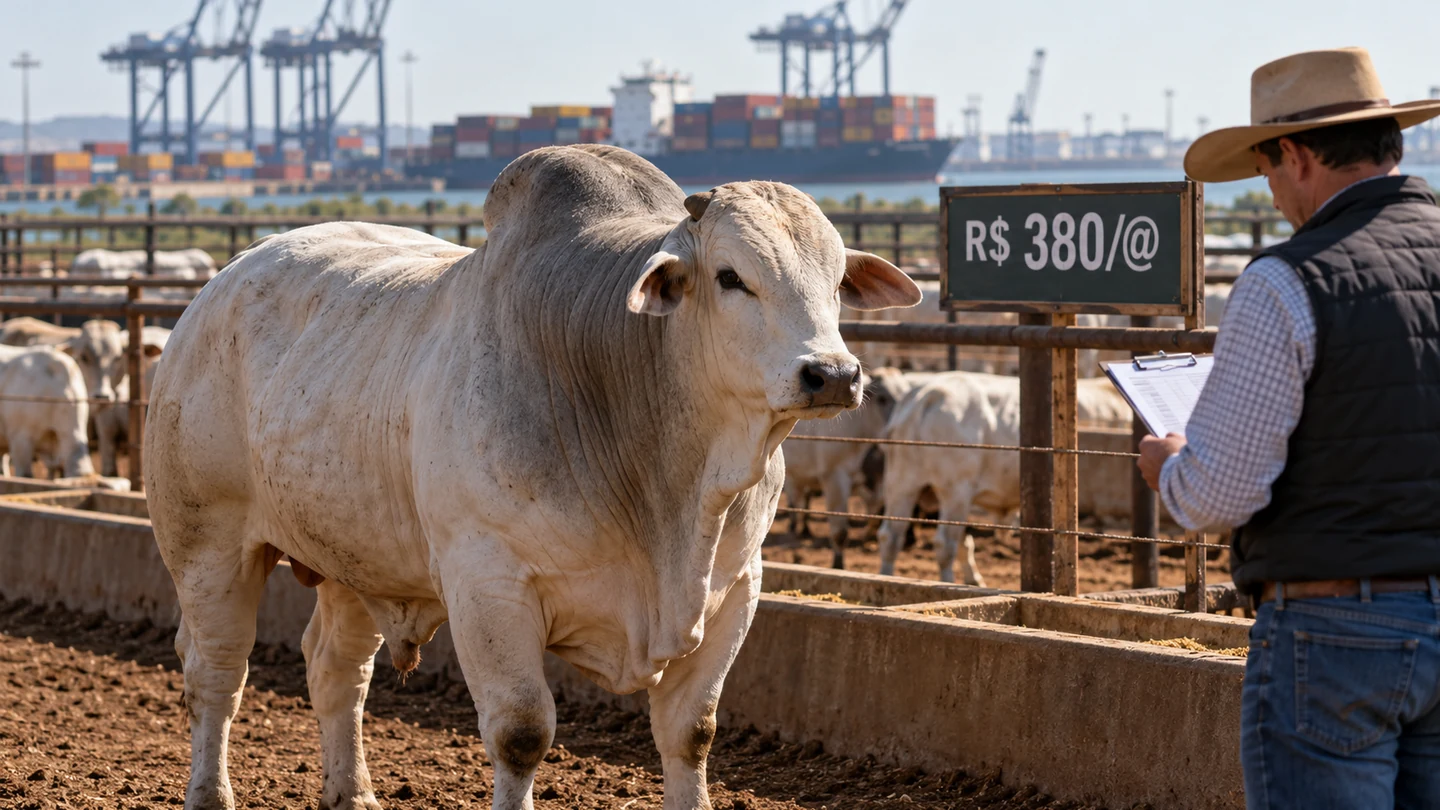 Imagem editorial representando: Boi gordo se aproxima de R$ 380 por arroba com oferta restrita e demanda externa