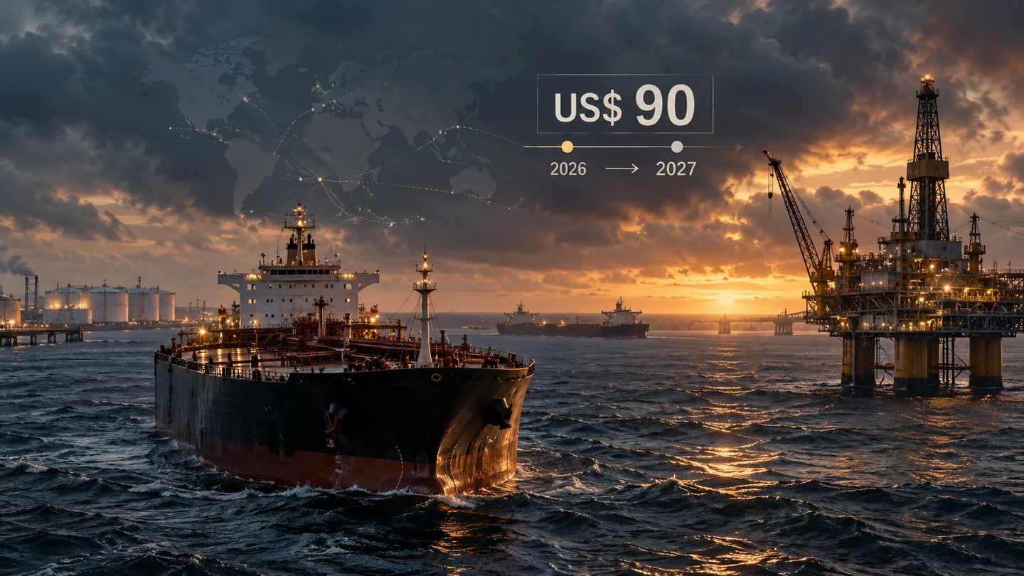 Imagem editorial representando: Brent deve rondar US$ 90 até o fim de 2026, com alívio limitado em 2027
