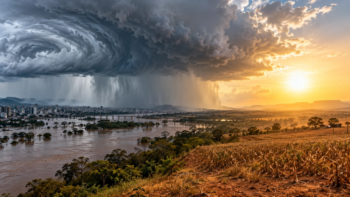 Imagem editorial representando: Ciclone, frente fria, temporais de 100 mm e temperaturas acima de 40ºC marcam a semana