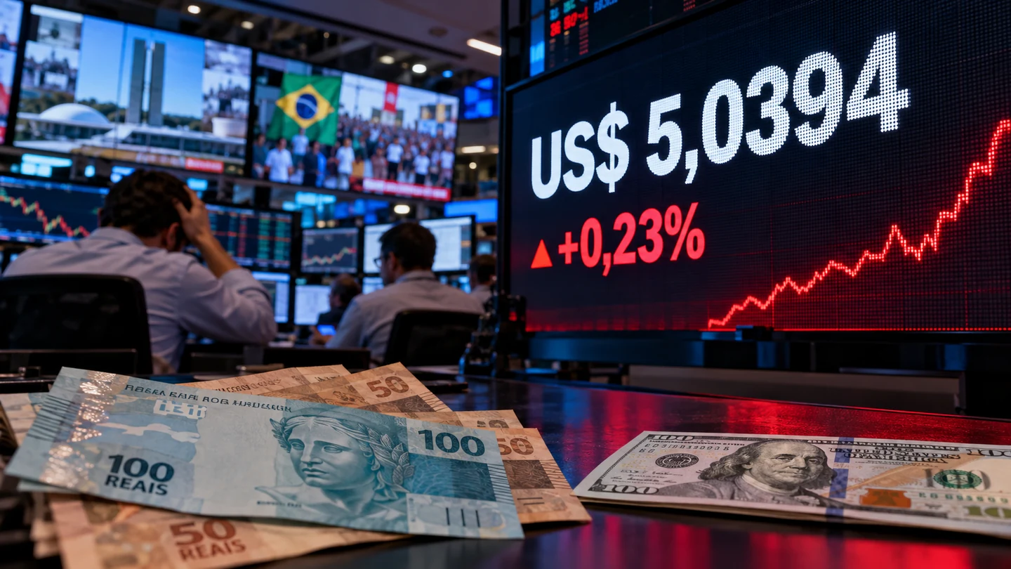 Imagem editorial representando: Dólar sobe 0,23% com aversão global ao risco e tensão eleitoral