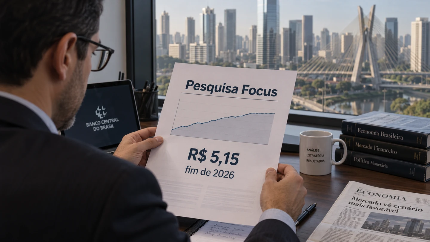 Imagem editorial representando: Focus reduz projeção do dólar para R$ 5,15 no fim de 2026