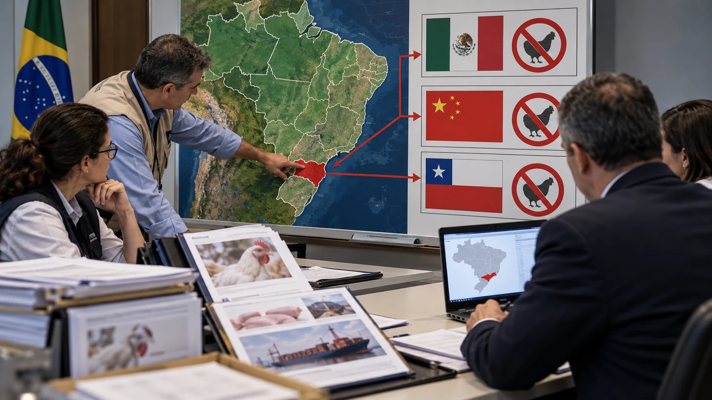 Imagem editorial representando: Mapa atualiza restrições de importadores após foco de Newcastle em SC