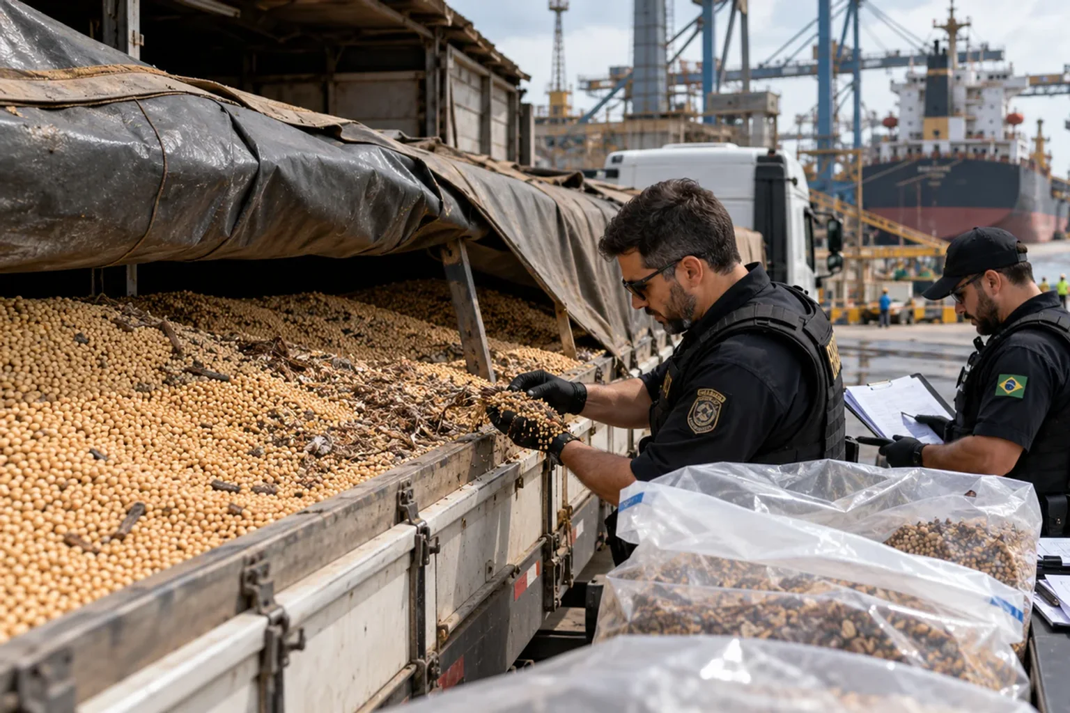 Imagem editorial ilustrativa sobre Polícia Federal apreende 50 t de soja adulterada destinadas à exportação no Paraná