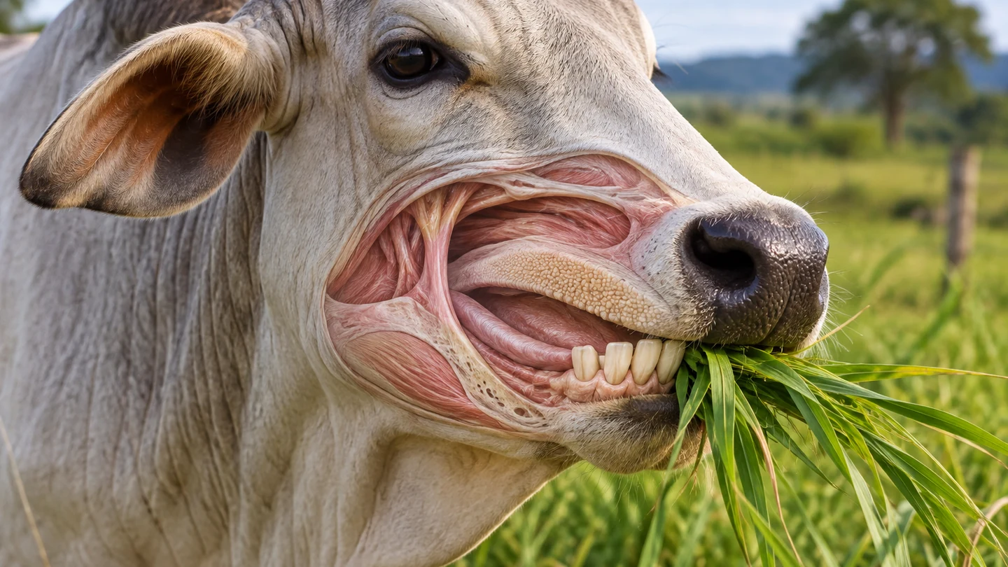Imagem editorial representando: Por que o boi não tem dentes na parte de cima da boca?