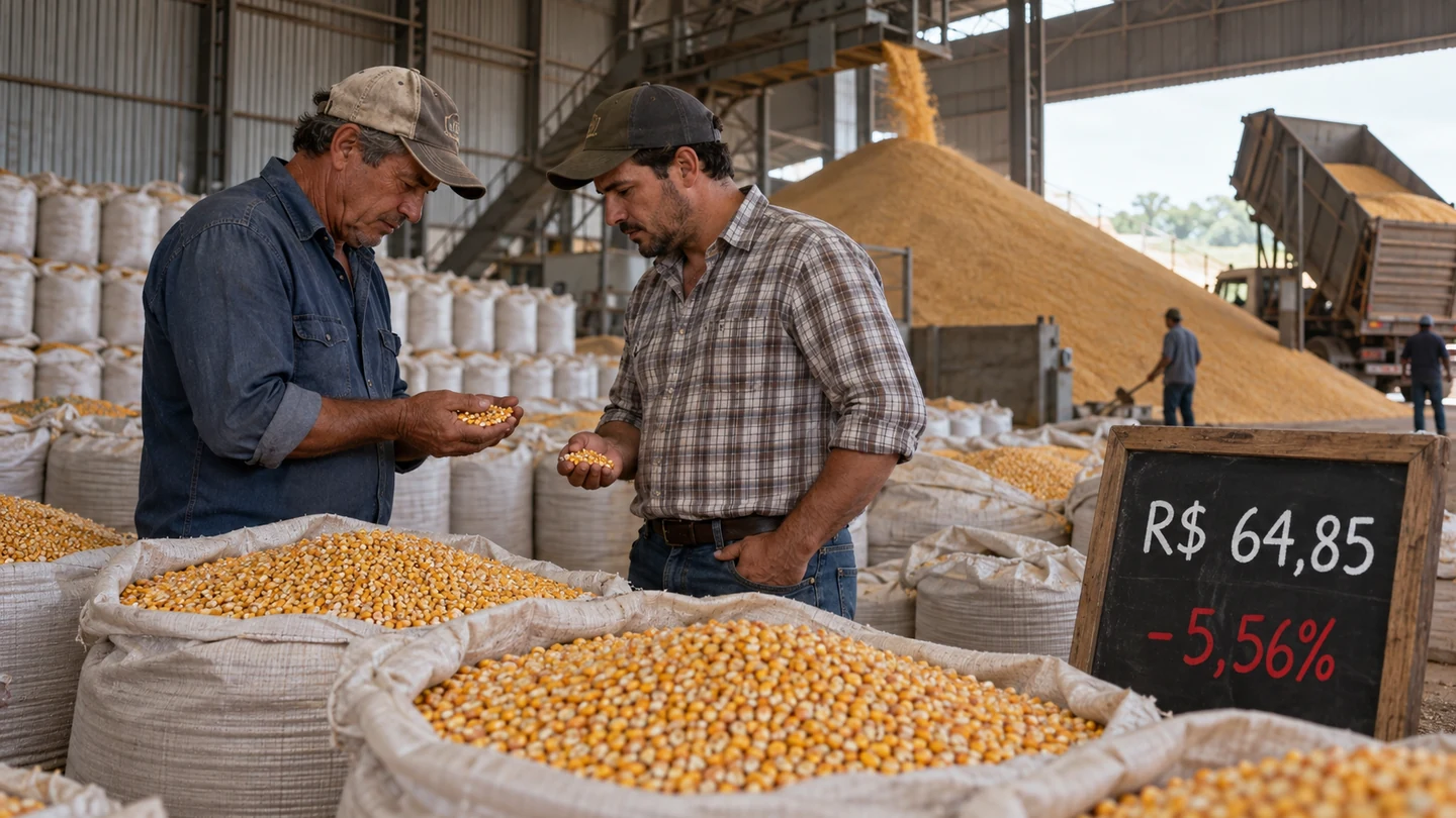 Imagem editorial representando: Preço do milho cai 5,56% em um mês e saca chega a R$ 64,85, aponta Cepea