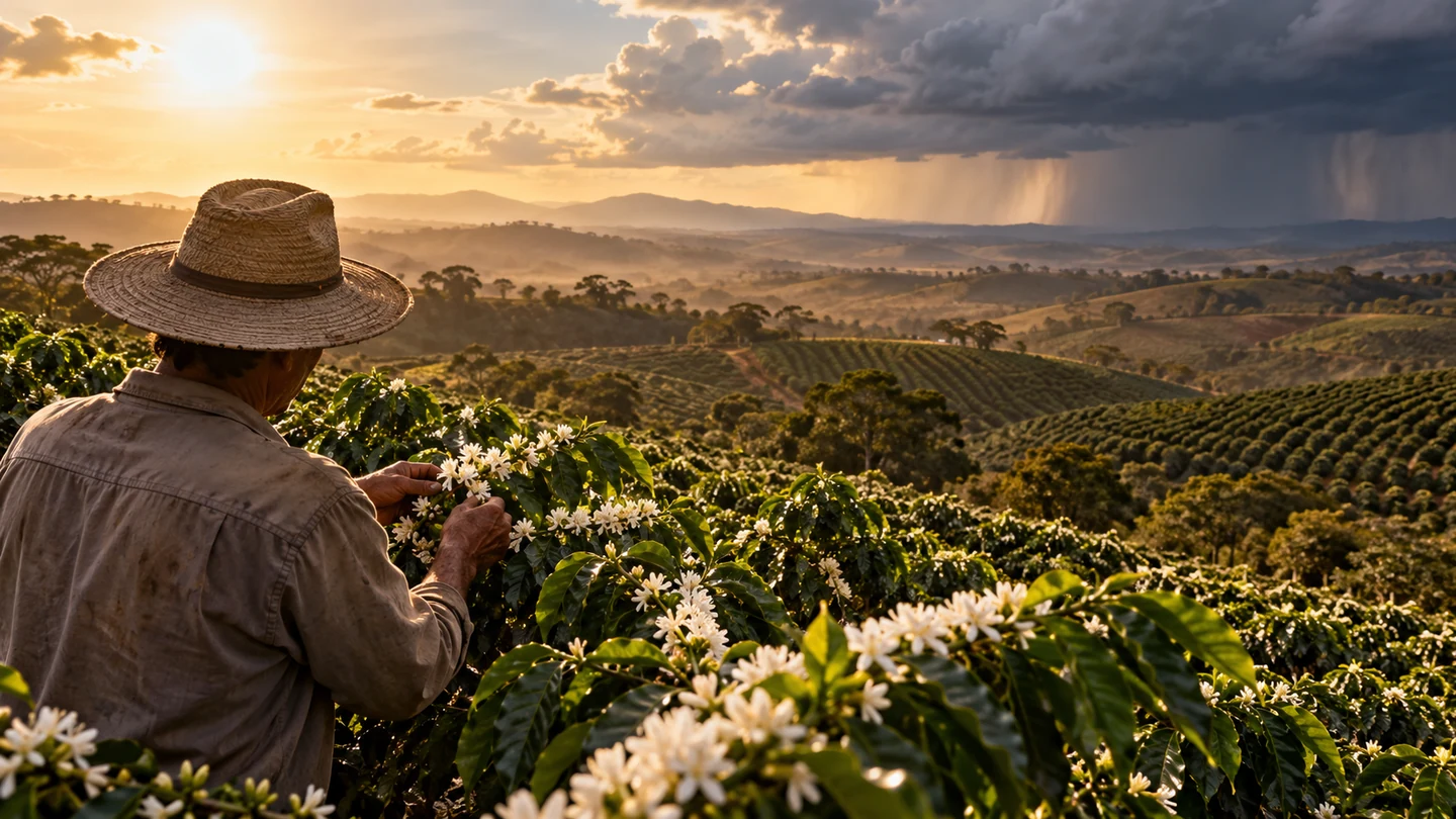 Imagem editorial representando: Safra de café 2027/28 tem bom desenvolvimento, mas El Niño ainda gera riscos