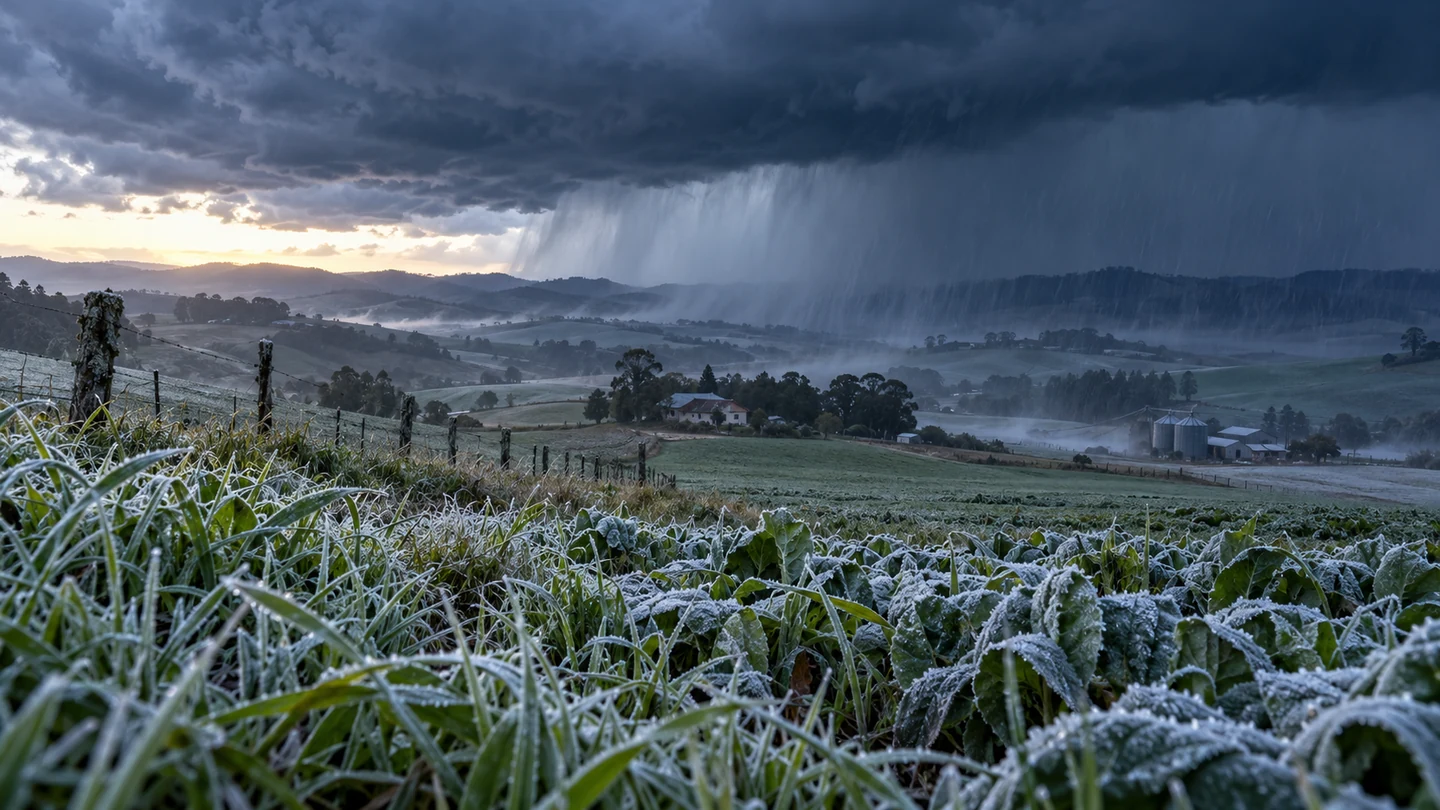 Imagem editorial representando: Semana começa com frente fria, chuva forte e geada; veja a previsão