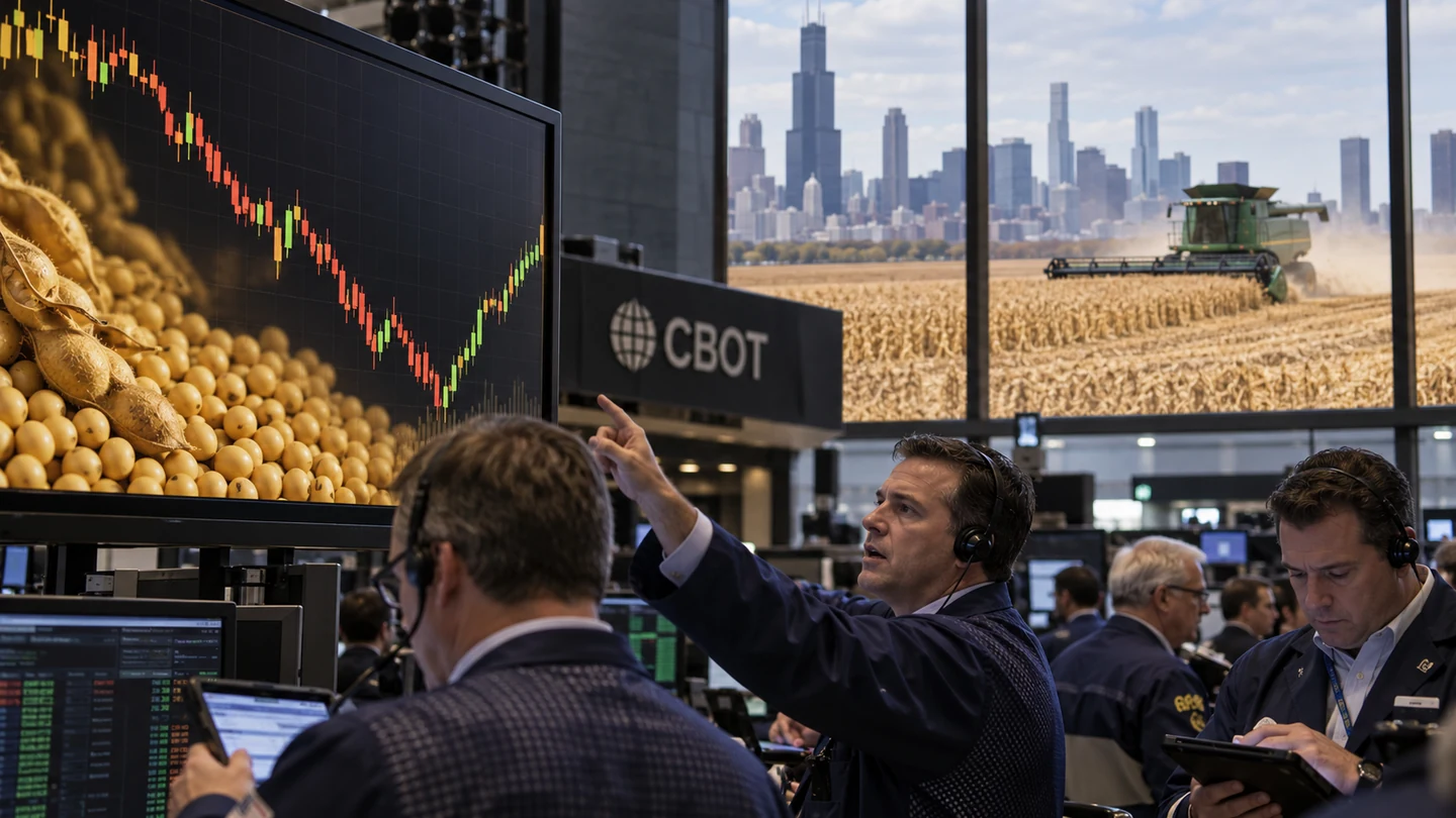 Imagem editorial representando: Soja reage em Chicago após cinco sessões de queda, mas avanço da colheita limita ganhos