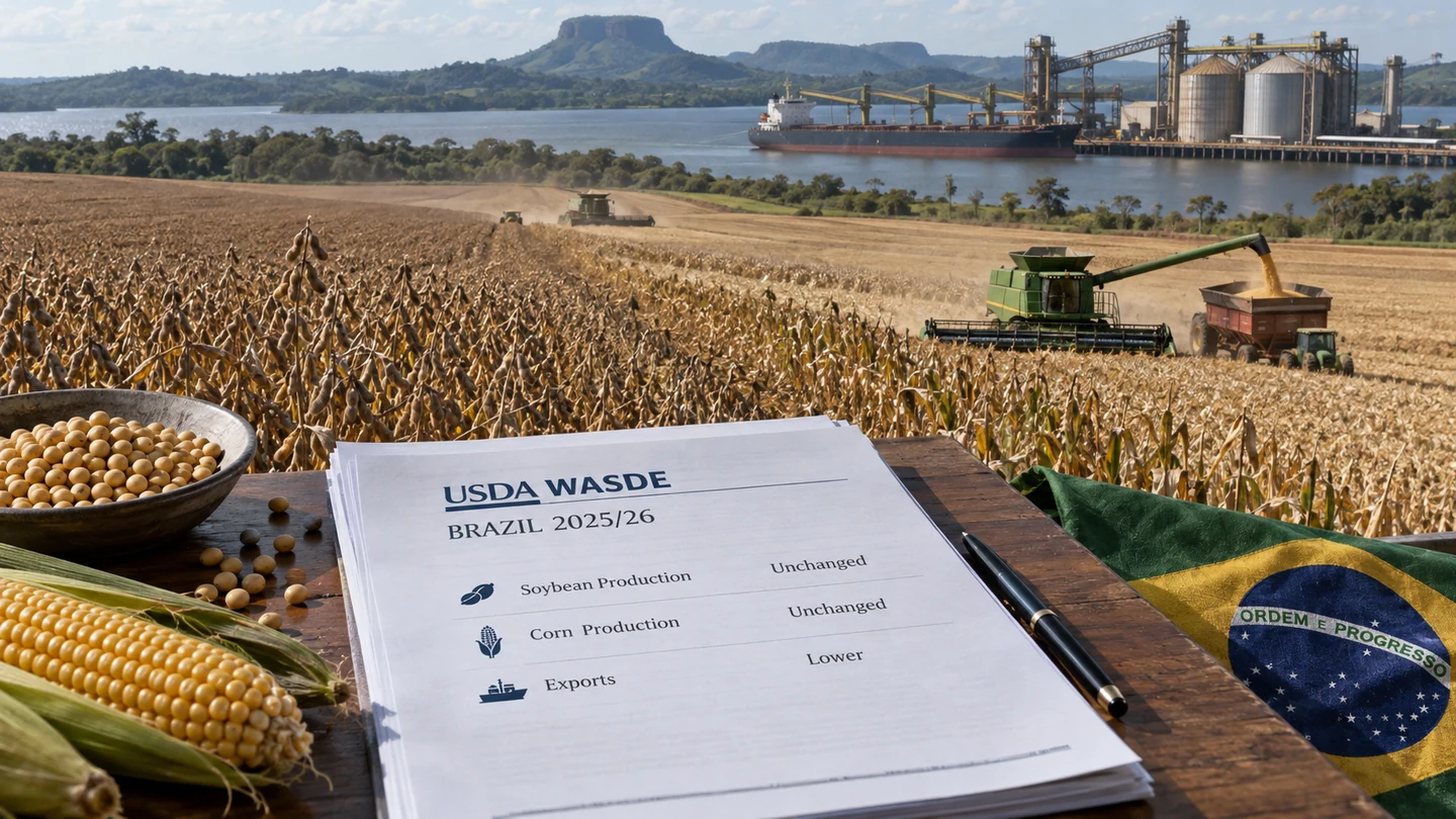 Imagem editorial representando: USDA mantém produção de soja e milho do Brasil em 2025/26 e reduz exportações