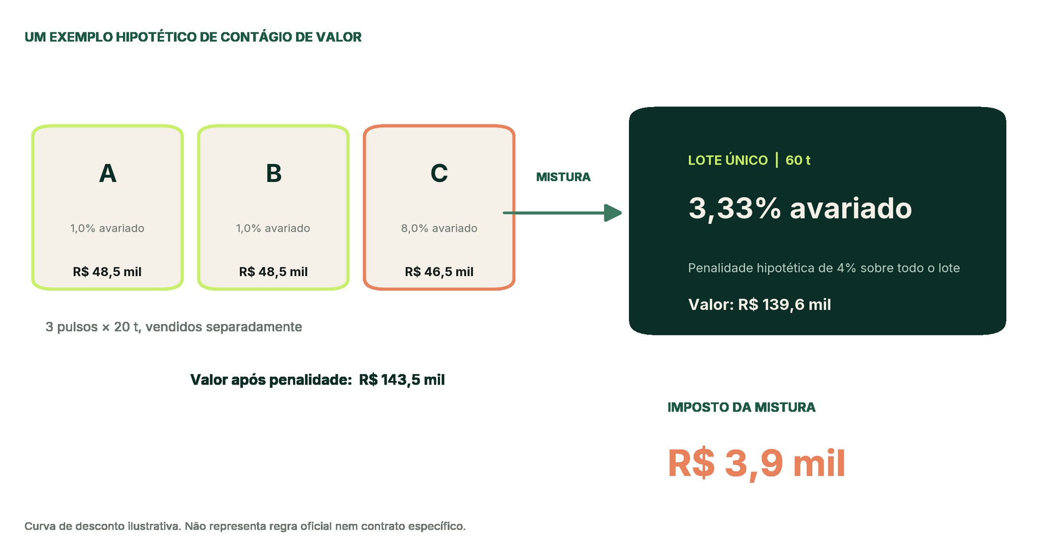 Exemplo do imposto da mistura entre três pulsos de qualidade diferente